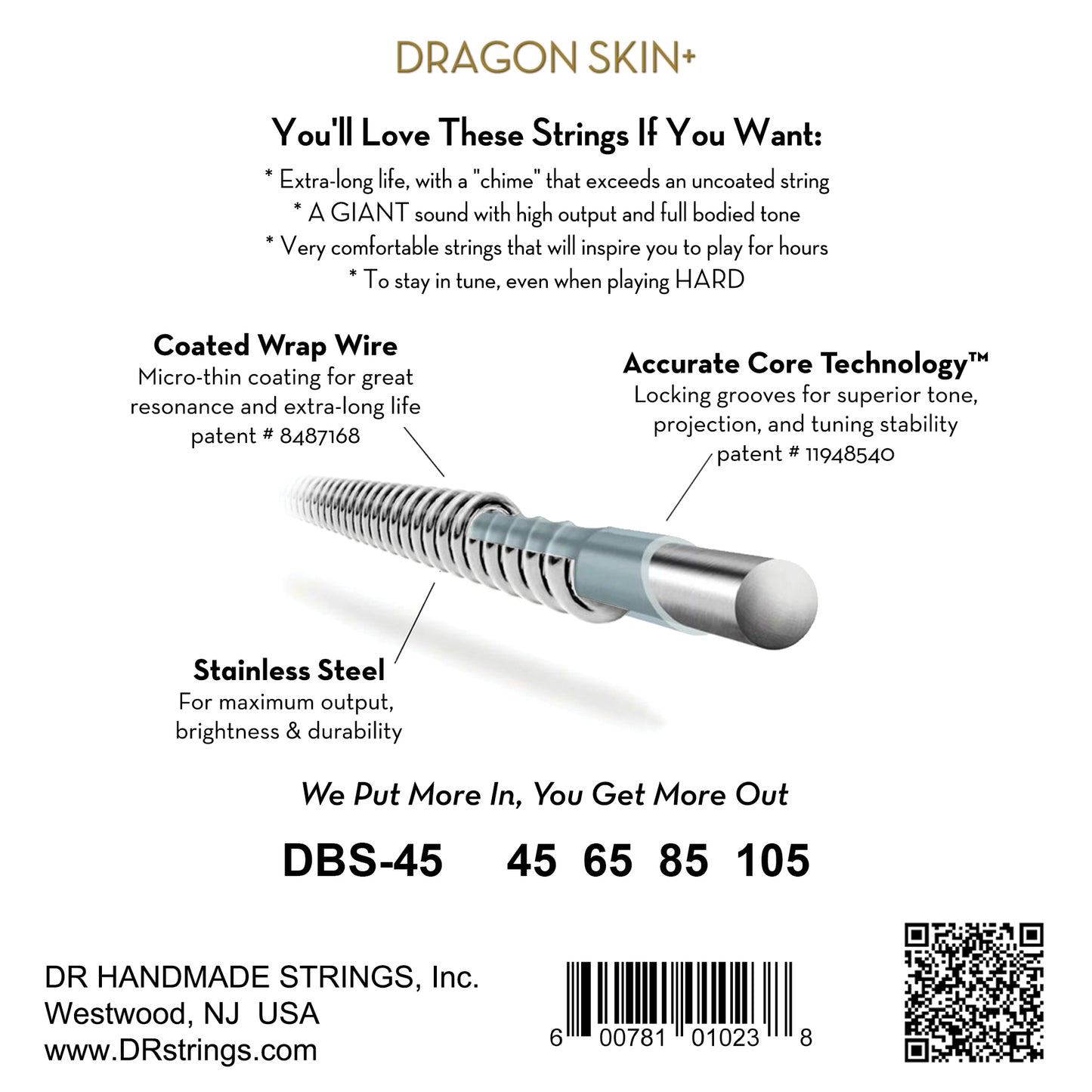DR DBS-45 DRAGON SKIN+ Steel Bass Strings, 4-String Medium 45-105
