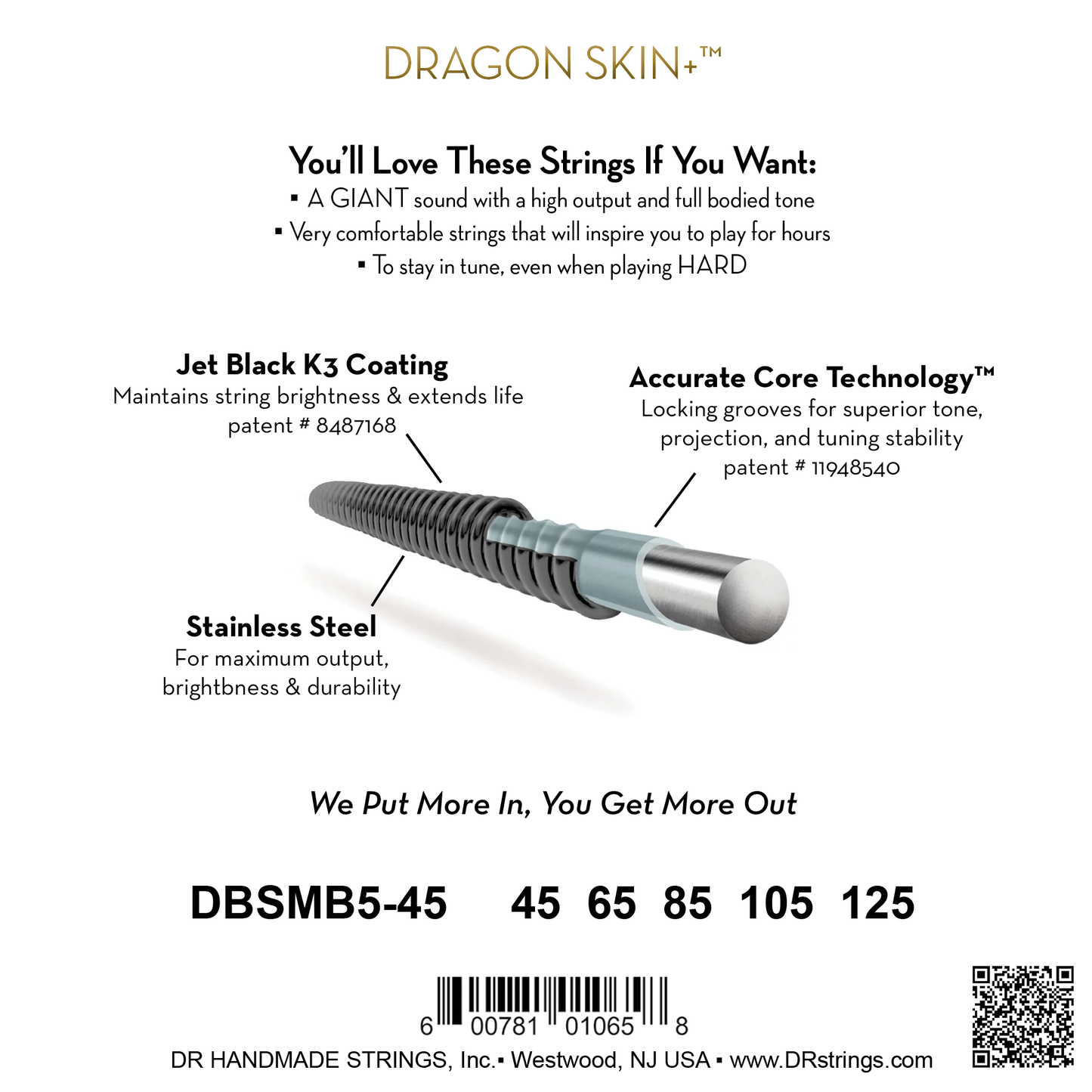 DR DBSMB5-45 BLACK DRAGON Steel Bass Strings, 5-String Medium 45-125, Tapered Multi-Scale