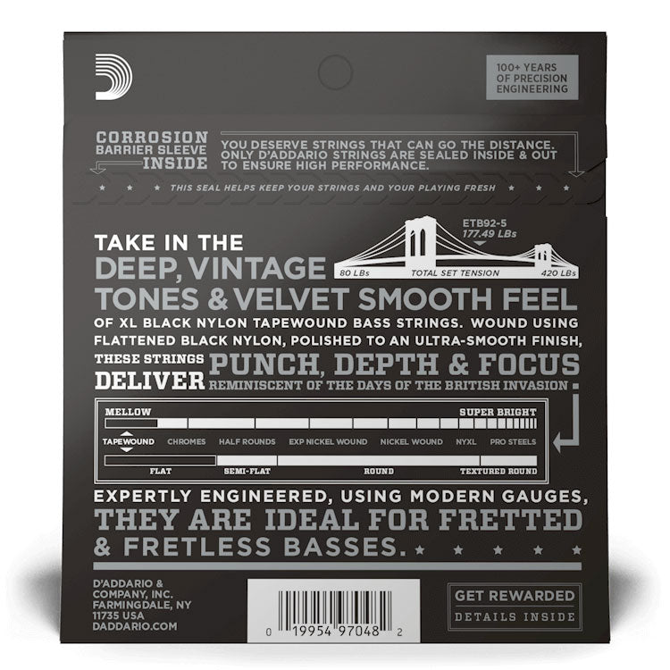 D'Addario ETB92-5 XL Nylon Tapewound Bass Guitar Strings, Medium 5-String, 50-135, Long Scale