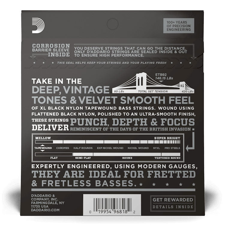 D'Addario ETB92 XL Nylon Tapewound Bass Guitar Strings, Medium, 50-105, Long Scale