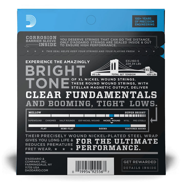 D'Addario EXL160-5 Medium 5-String, Long Scale, 50-135, XL Nickel Bass Strings
