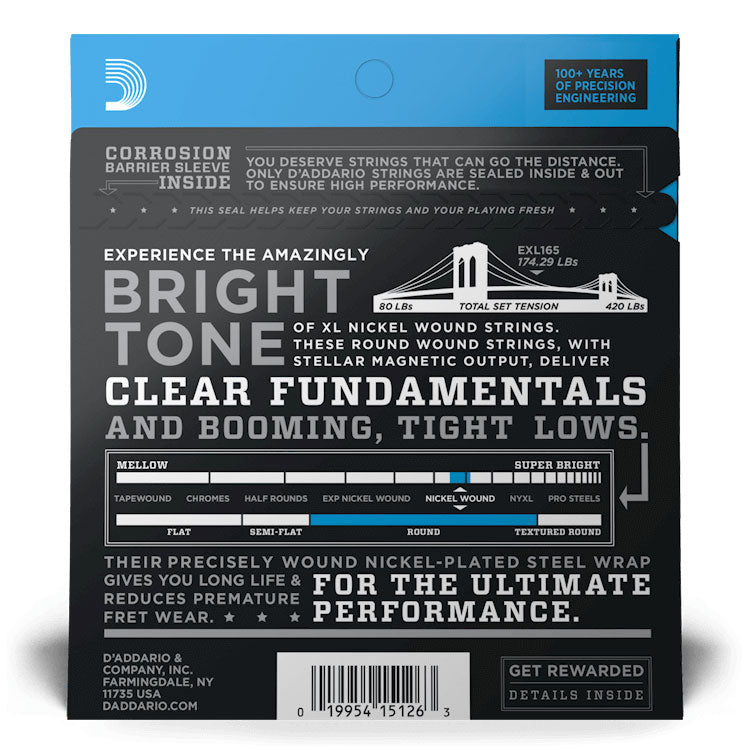 D'Addario EXL165 Regular Light Top / Medium Bottom, Long Scale, 45-105, XL Nickel Bass Strings