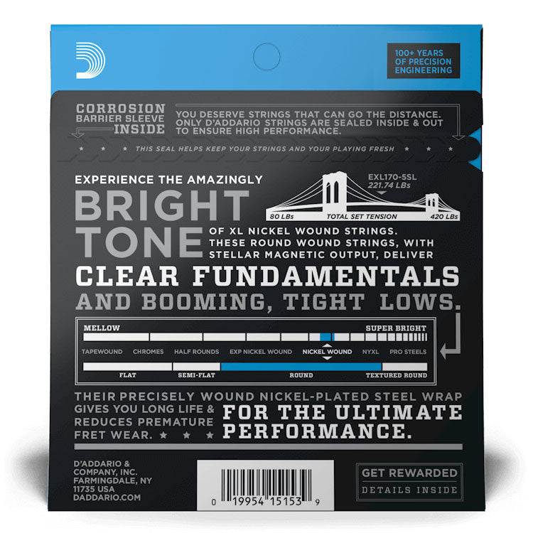D'Addario EXL170-5SL Regular Light 5-String, Super Long Scale, 45-130, XL Nickel Bass Strings