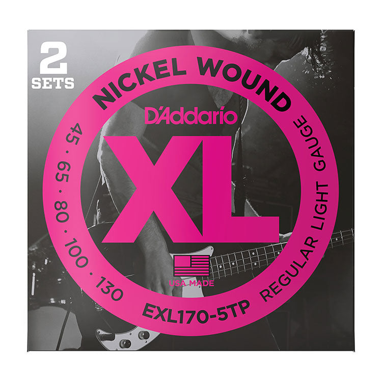 D'Addario EXL170-5TP Regular Light 5-String, Long Scale, 45-130, XL Nickel Bass Strings 2-Pack