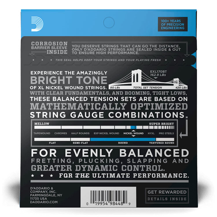D'Addario EXL170BT Regular Light, Balanced Tension, Long Scale, 45-107, XL Nickel Bass Strings