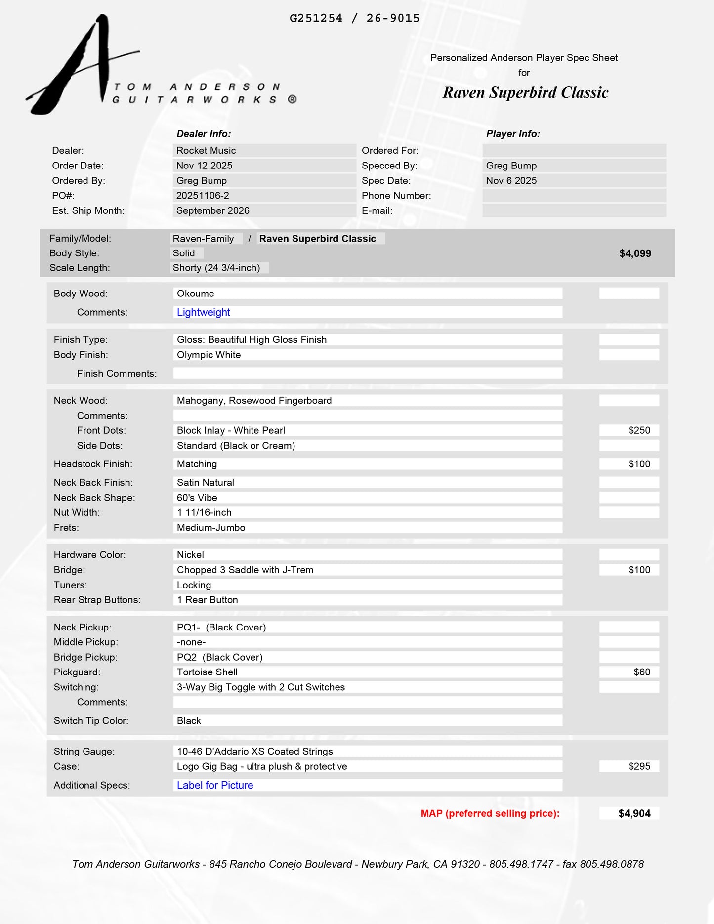 Anderson Raven Superbird Classic Oly White