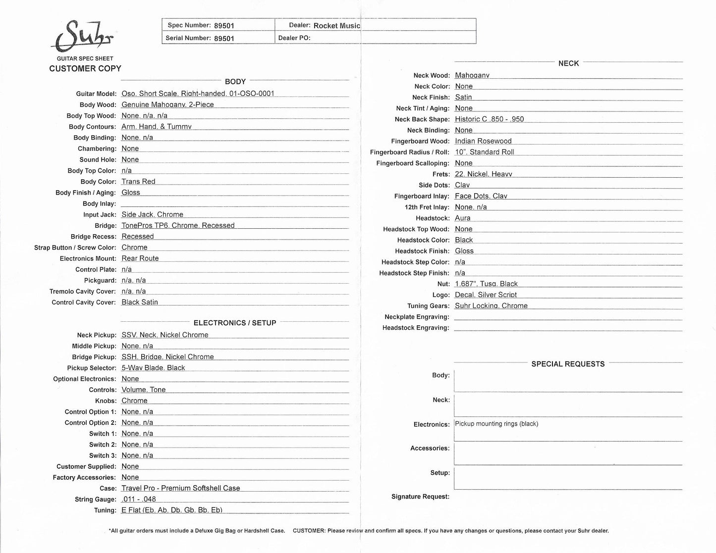 Suhr Oso Guitar, Trans Red