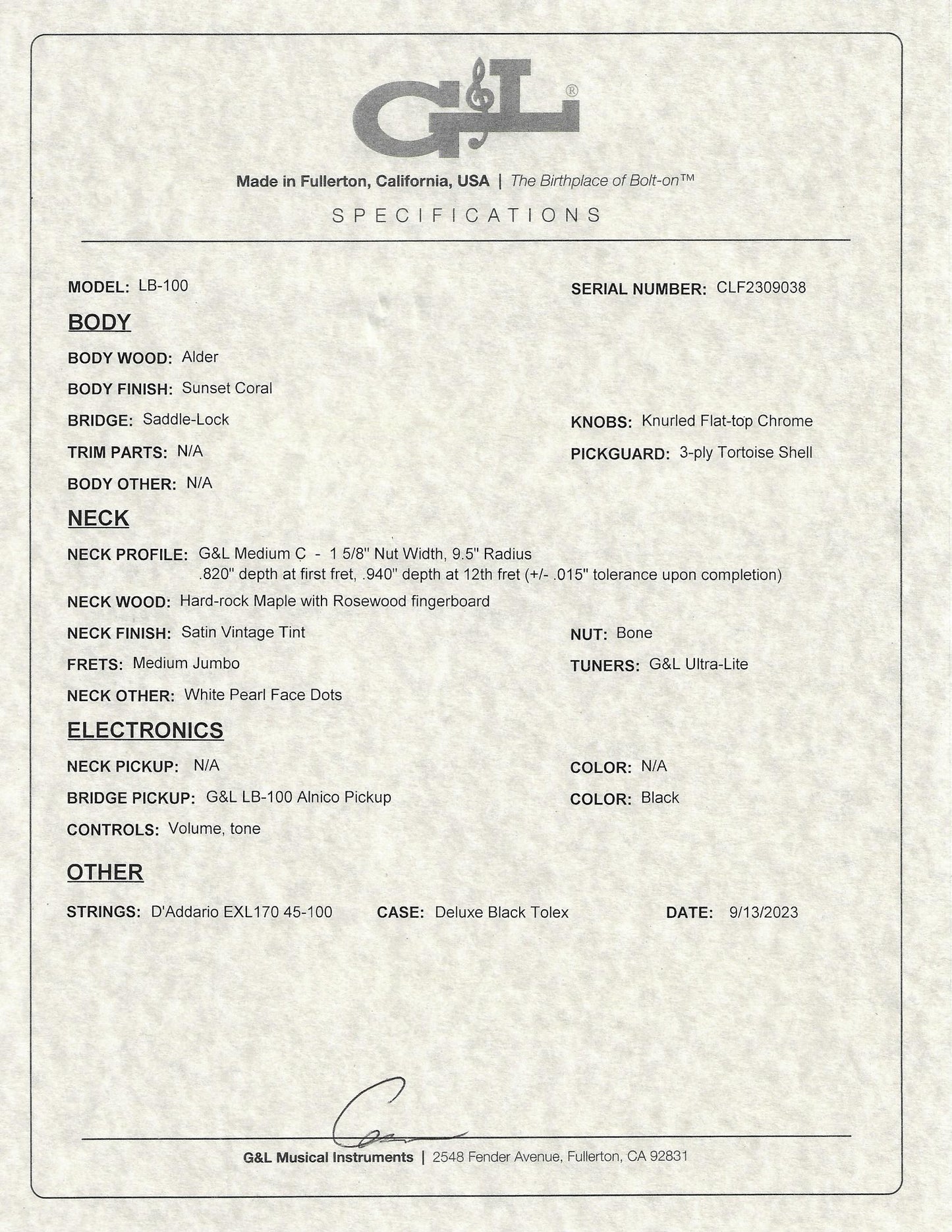 G&L LB-100 Coral Sunset / Indian Rosewood