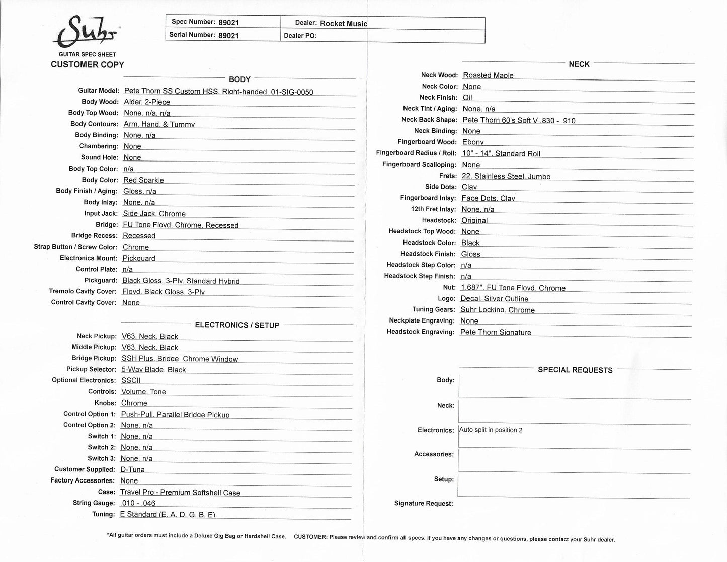 Suhr Pete Thorn Signature Custom HSS Guitar, Red Sparkle