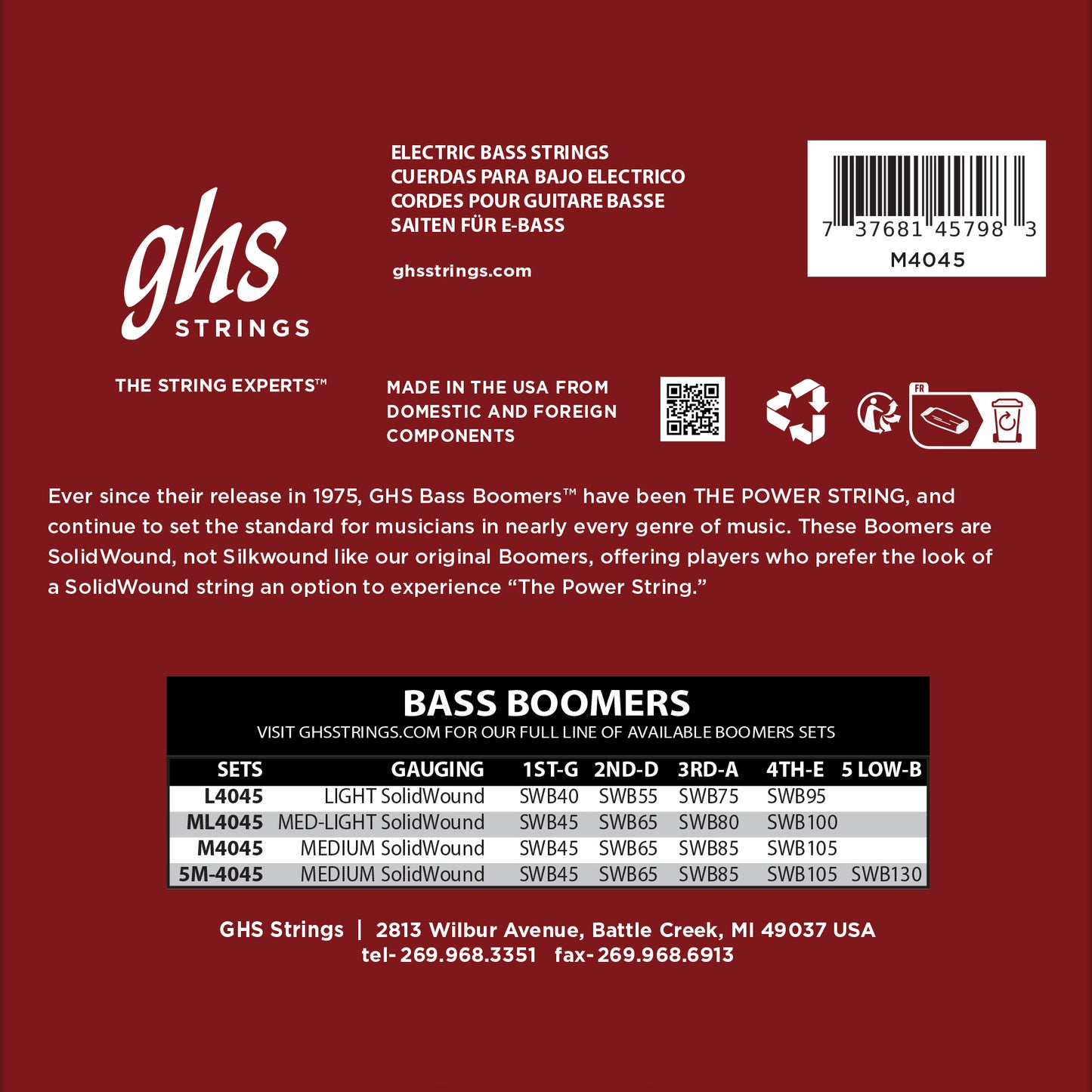 GHS SolidWound Bass Boomers ML4045, 4-String 45-100