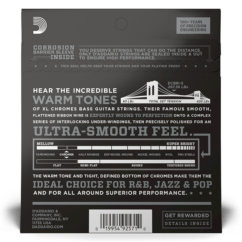 D'Addario ECB81-5 Chromes 5-String Bass Guitar Strings, Light, 45-132, Long Scale