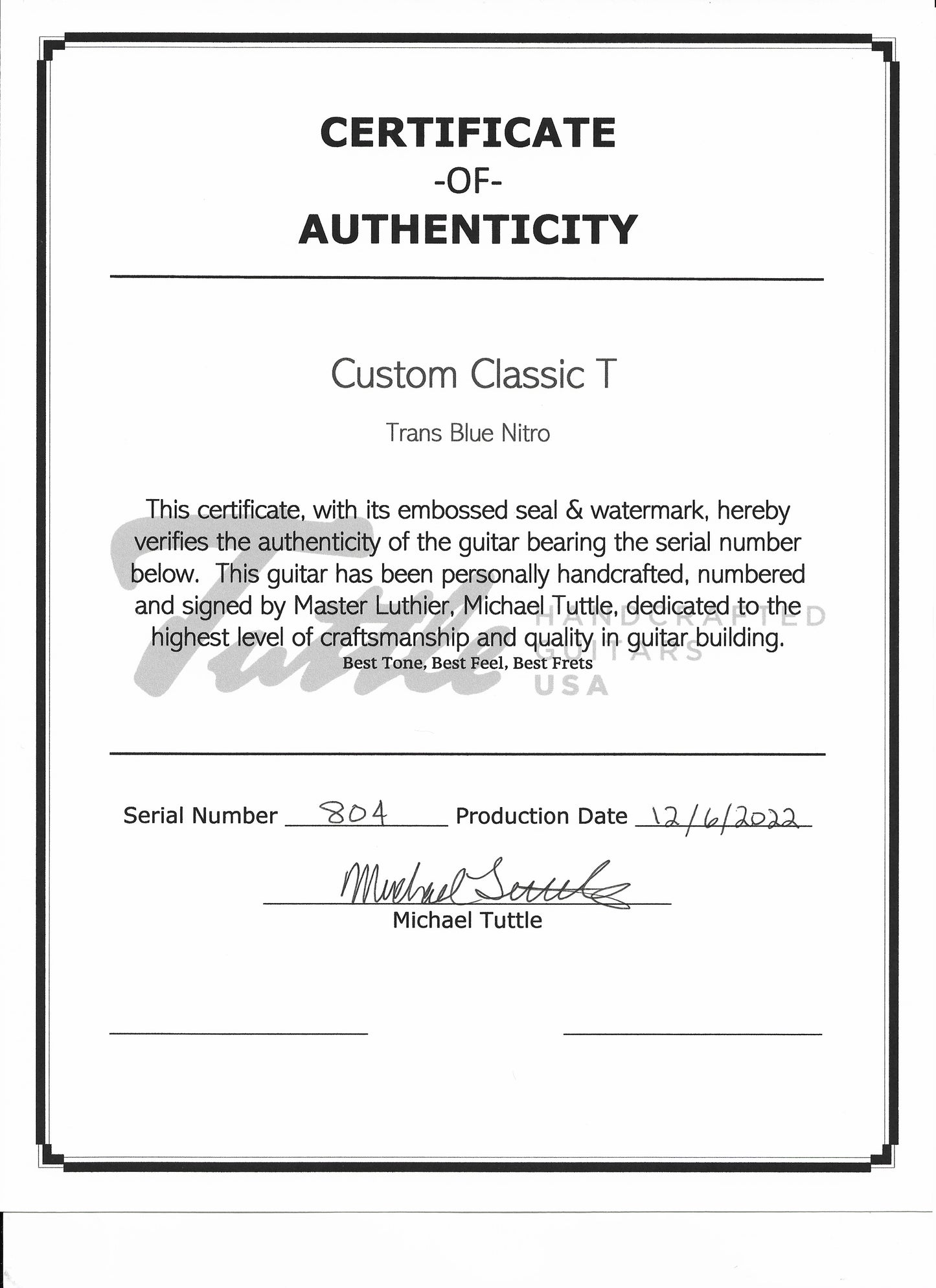 Tuttle Custom Classic T Trans Blue / Maple