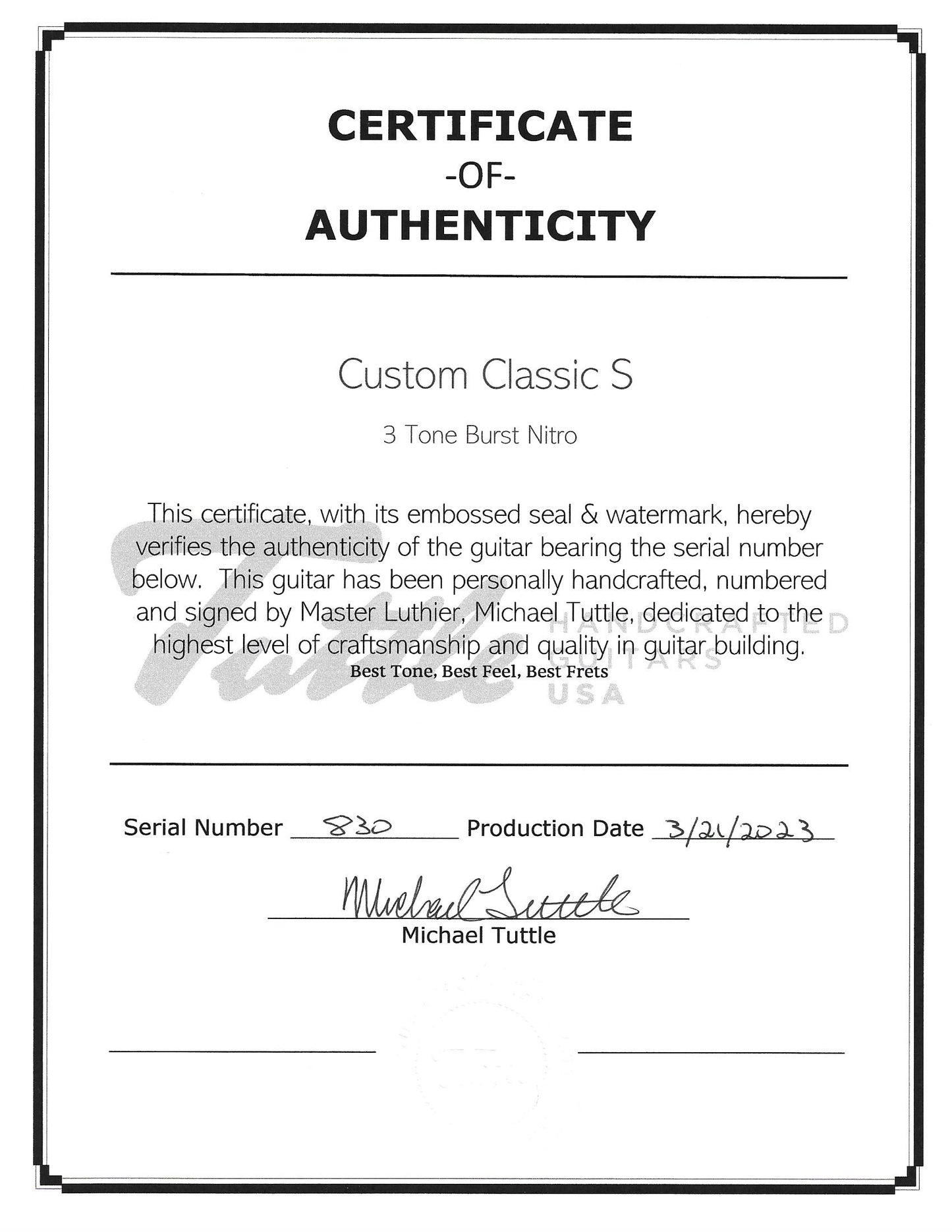 Tuttle Custom Classic S 3-Tone Sunburst Indian Rosewood