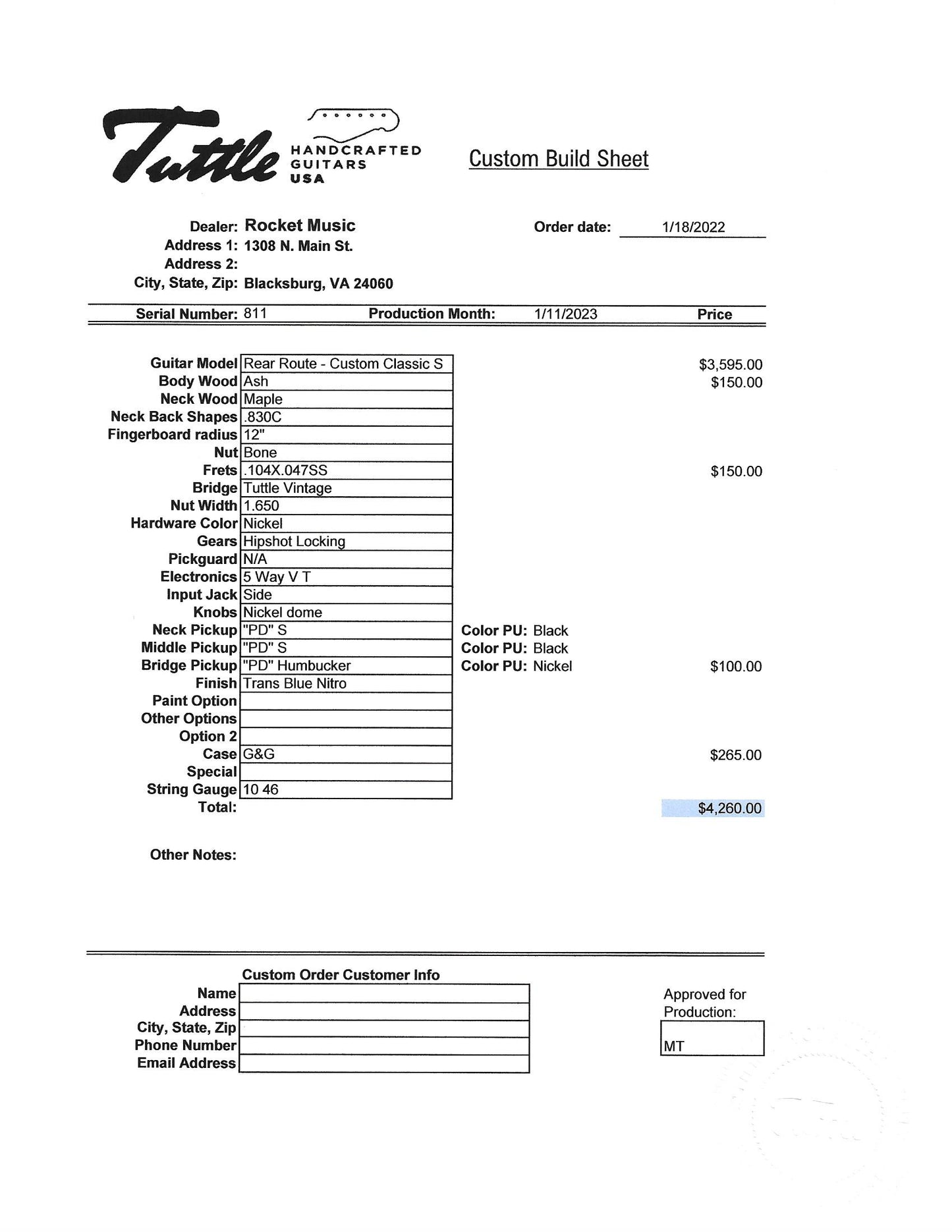 Tuttle Custom Classic S Rear Route Trans Blue Maple