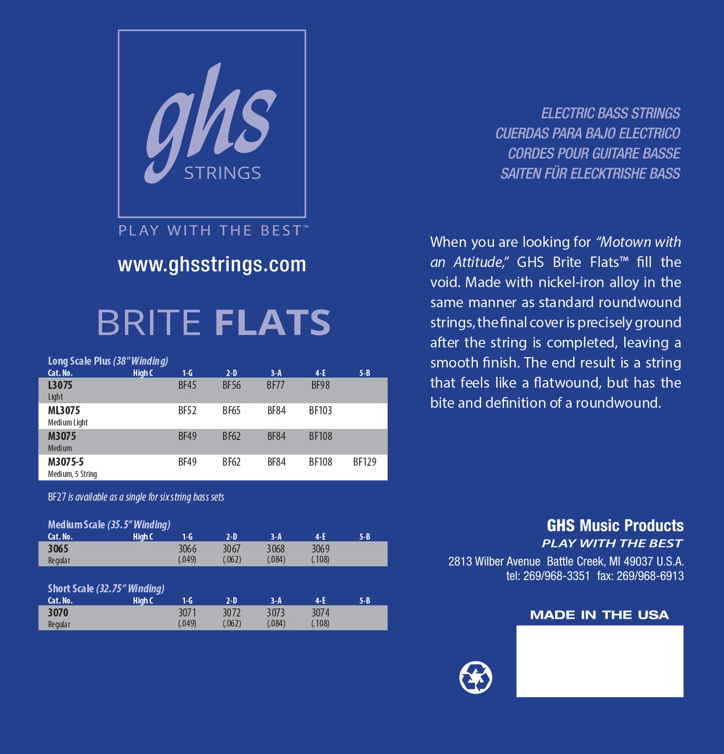 GHS BRITE FLATS 3065, 4-String 49-108 Medium Scale