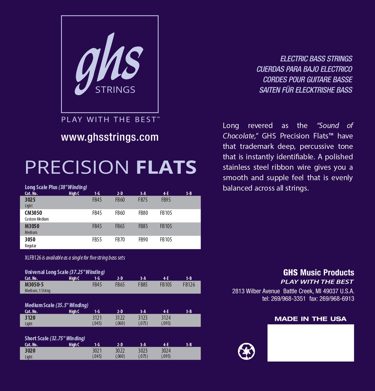 GHS Precision Flats 3050, 4-String 55-105