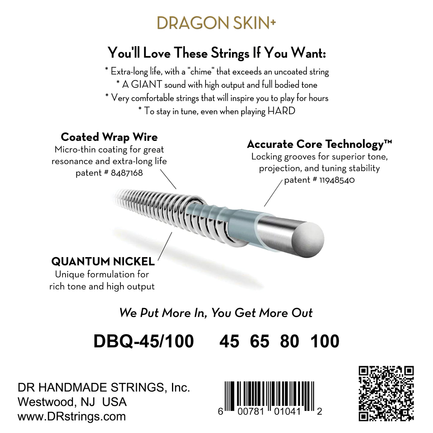 DR DBQ-45/100 DRAGON SKIN+ Quantum Nickel Bass Strings, 4-String Medium To Light 45-100