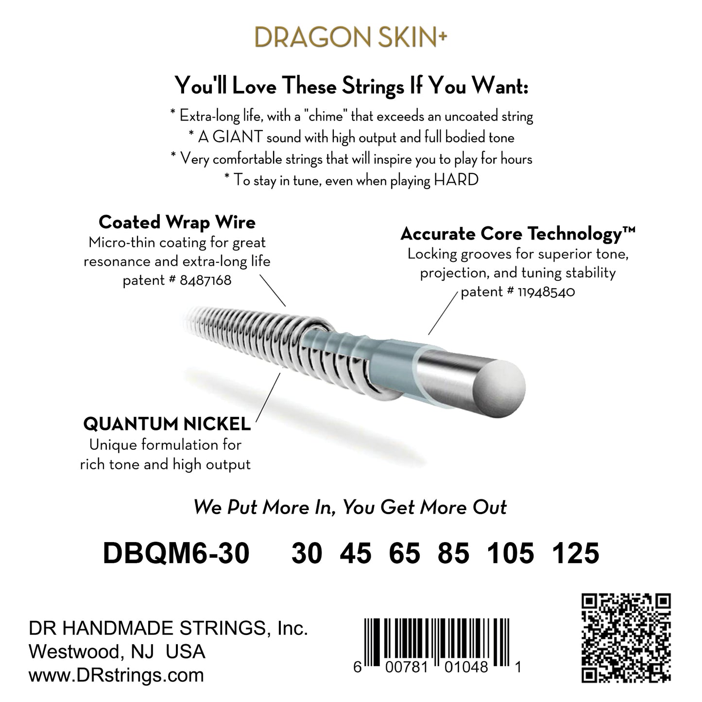 DR DBQM6-30 DRAGON SKIN+ Quantum Nickel Bass Strings, 6-String Medium 30-125, Tapered Multi-Scale