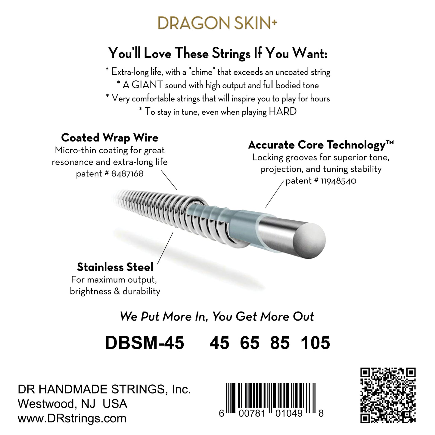 DR DBSM-45 DRAGON SKIN+ Steel Bass Strings, 4-String Medium 45-105, Tapered Multi-Scale