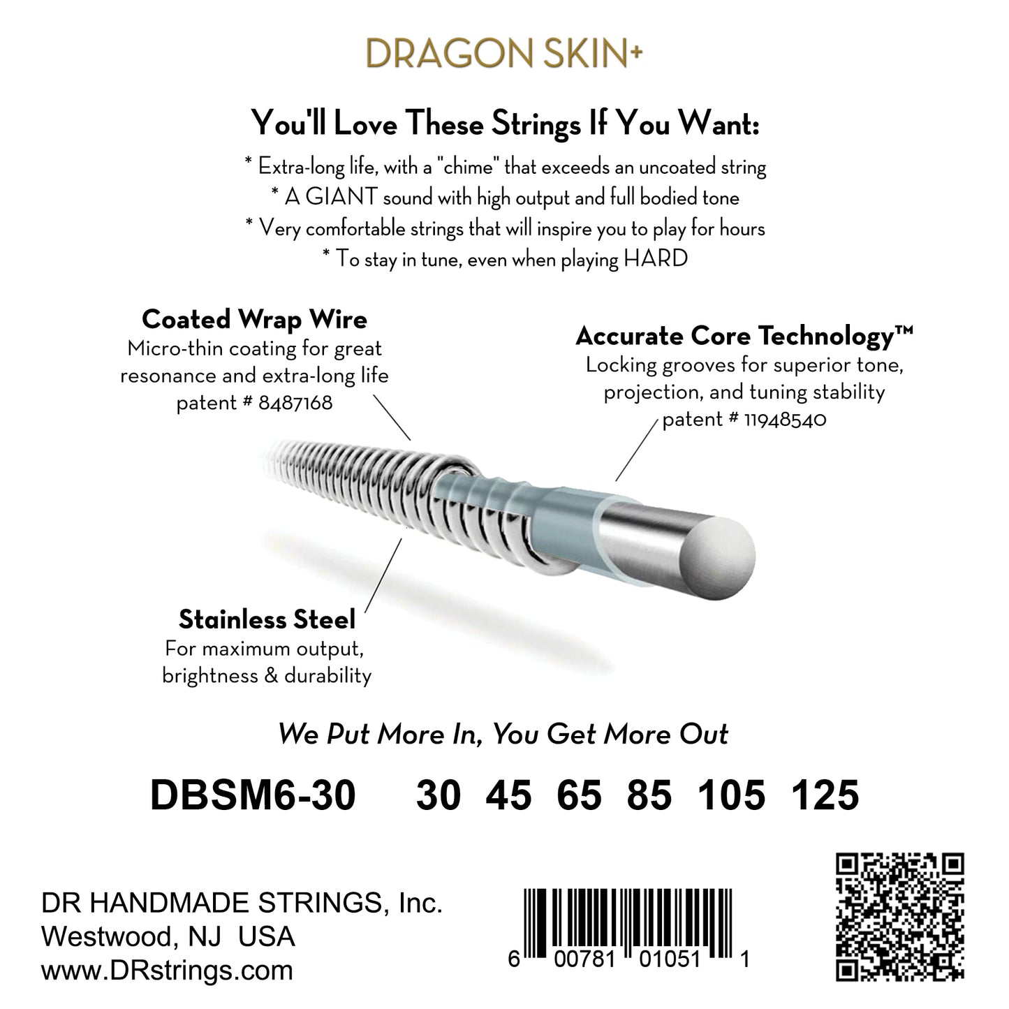 DR DBSM6-30 DRAGON SKIN+ Steel Bass Strings, 6-String Medium 30-125, Tapered Multi-Scale