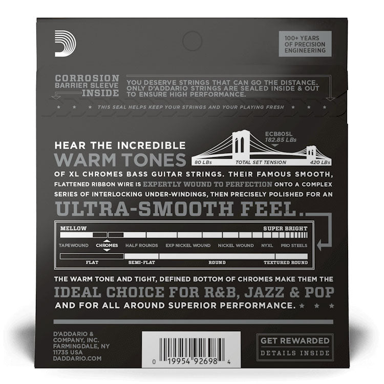 D'Addario ECB80SL XL Chromes Bass Guitar Strings, Light, 40-95, Super Long Scale