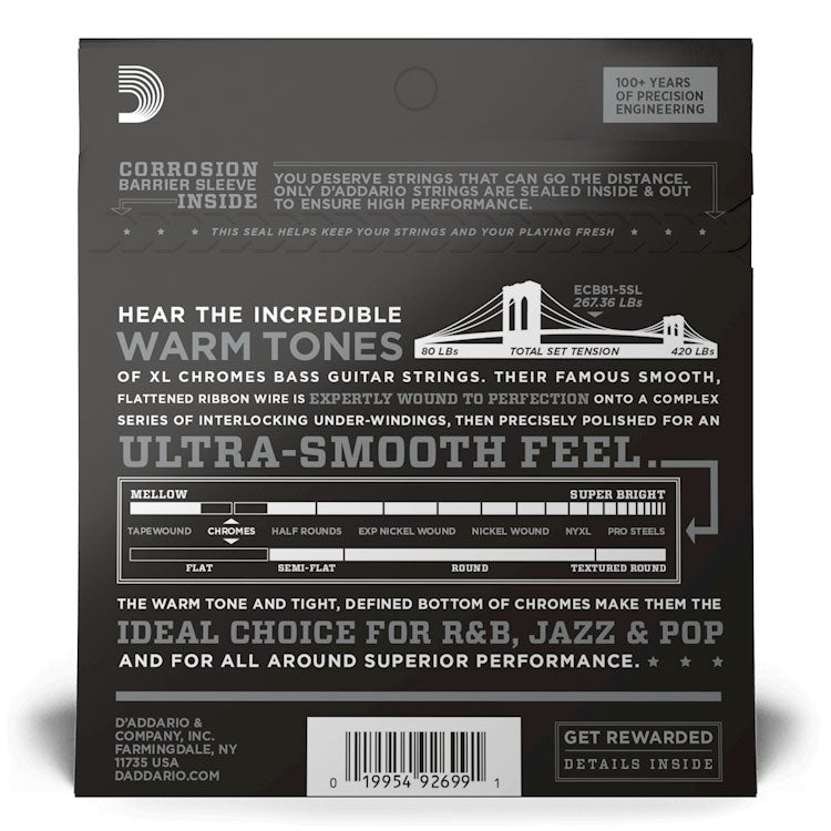 D'Addario ECB81-5SL XL Chromes 5-String Bass Guitar Strings, Light, 45-132, Super Long Scale