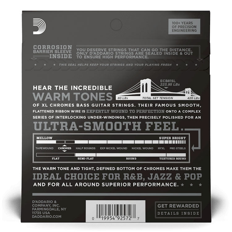 D'Addario ECB81SL XL Chromes Bass Guitar Strings, Light, 45-100, Super Long Scale