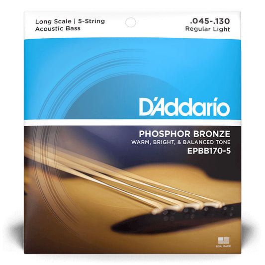 D'Addario EPBB170-5 Regular Light 5-String, Long Scale, 45-130, Phosphor Bronze Acoustic Bass Strings