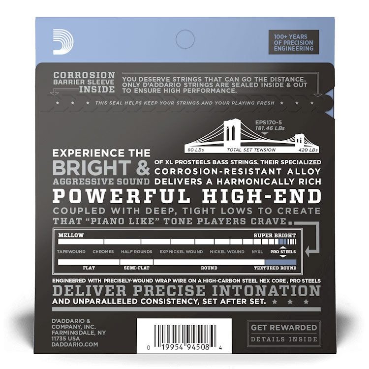 D'Addario EPS170-5 Regular Light 5-String, Long Scale, 45-130, XL ProSteels Bass Strings