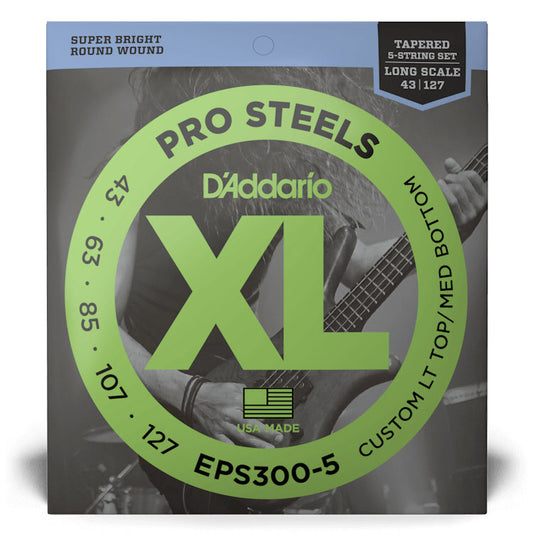 D'Addario EPS300-5 Custom Light Top/Medium Bottom 5-String Tapered, Long Scale, 43-127, XL ProSteels Bass Strings