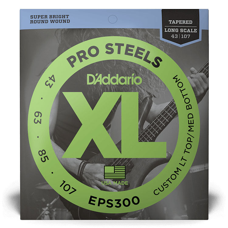 D'Addario EPS300 Custom Light Top/Medium Bottom Tapered, Long Scale, 43-107, XL ProSteels Bass Strings