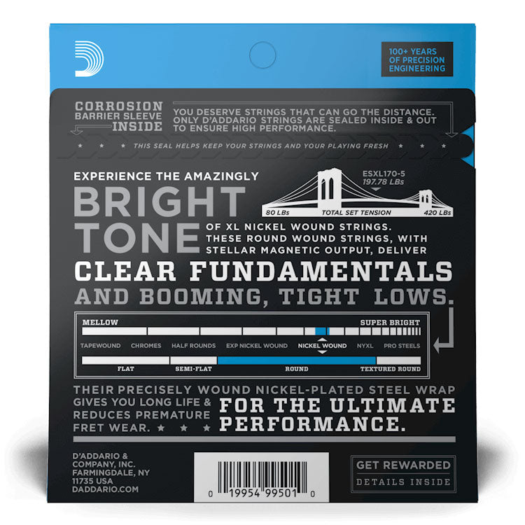 D'Addario ESXL170-5 Regular Light 5-String, Double Ball End, Long Scale, 45-130, XL Nickel Bass Strings
