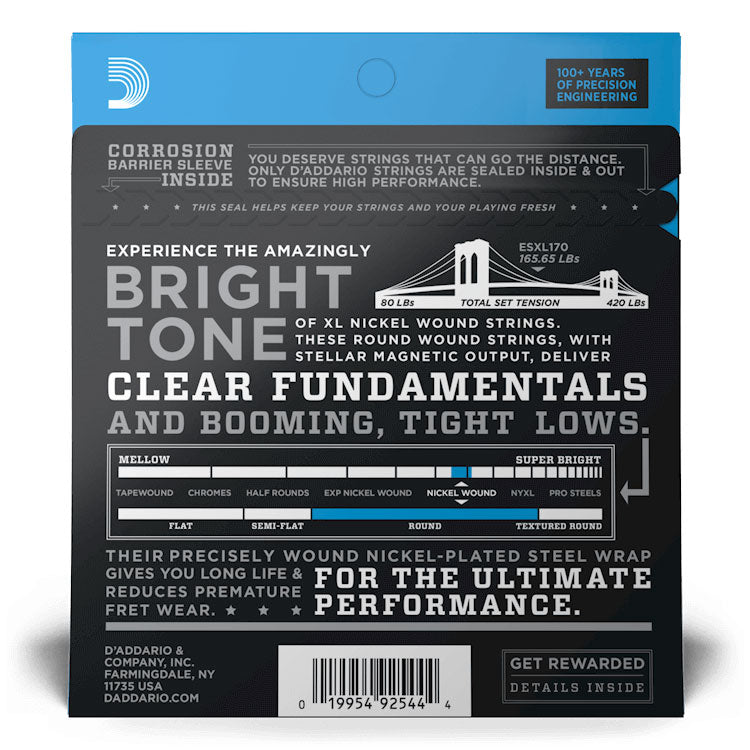 D'Addario ESXL170 Regular Light, Double Ball End, Long Scale, 45-100, XL Nickel Bass Strings