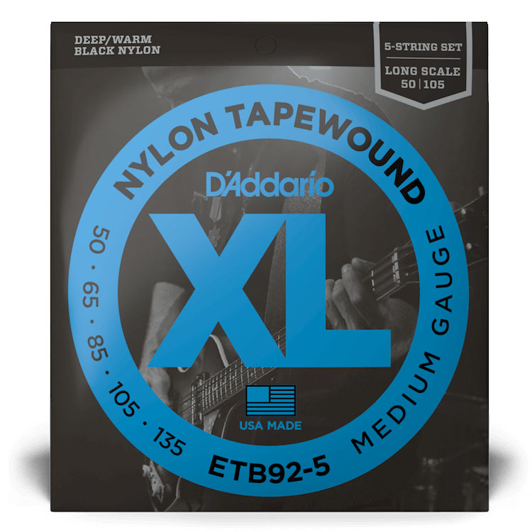 D'Addario ETB92-5 XL Nylon Tapewound Bass Guitar Strings, Medium 5-String, 50-135, Long Scale