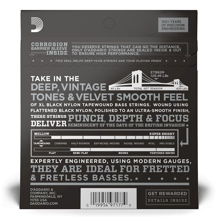 D'Addario ETB92M XL Nylon Tapewound Bass Guitar Strings, Medium, 50-105, Medium Scale