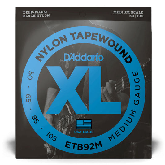 D'Addario ETB92M XL Nylon Tapewound Bass Guitar Strings, Medium, 50-105, Medium Scale
