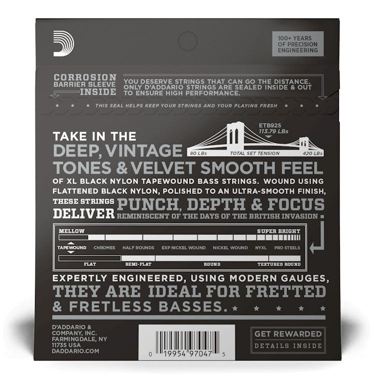 D'Addario ETB92S XL Nylon Tapewound Bass Guitar Strings, Medium, 50-105, Short Scale