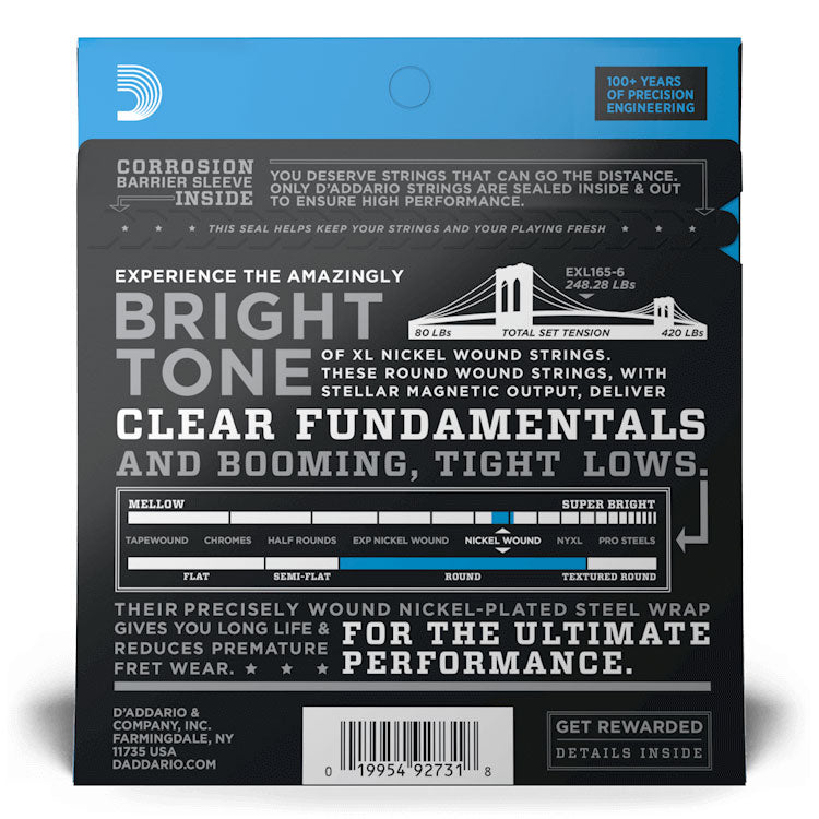 D'Addario EXL165-6 Regular Light Top / Medium Bottom 6-String, Long Scale, 32-135, XL Nickel Bass Strings