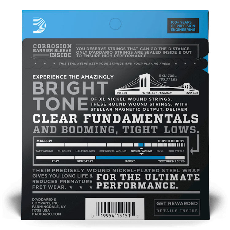 D'Addario EXL170SL Regular Light, Super Long Scale, 45-100, XL Nickel Bass Strings