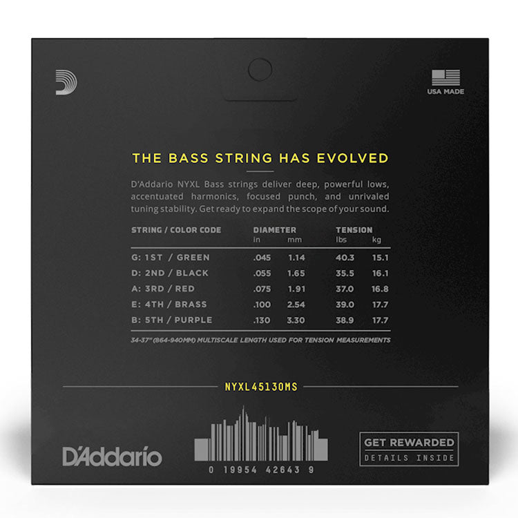 D'Addario NYXL45130MS Nickel Wound Bass Guitar Strings, Regular Light 5-String, 45-130, Multiscale