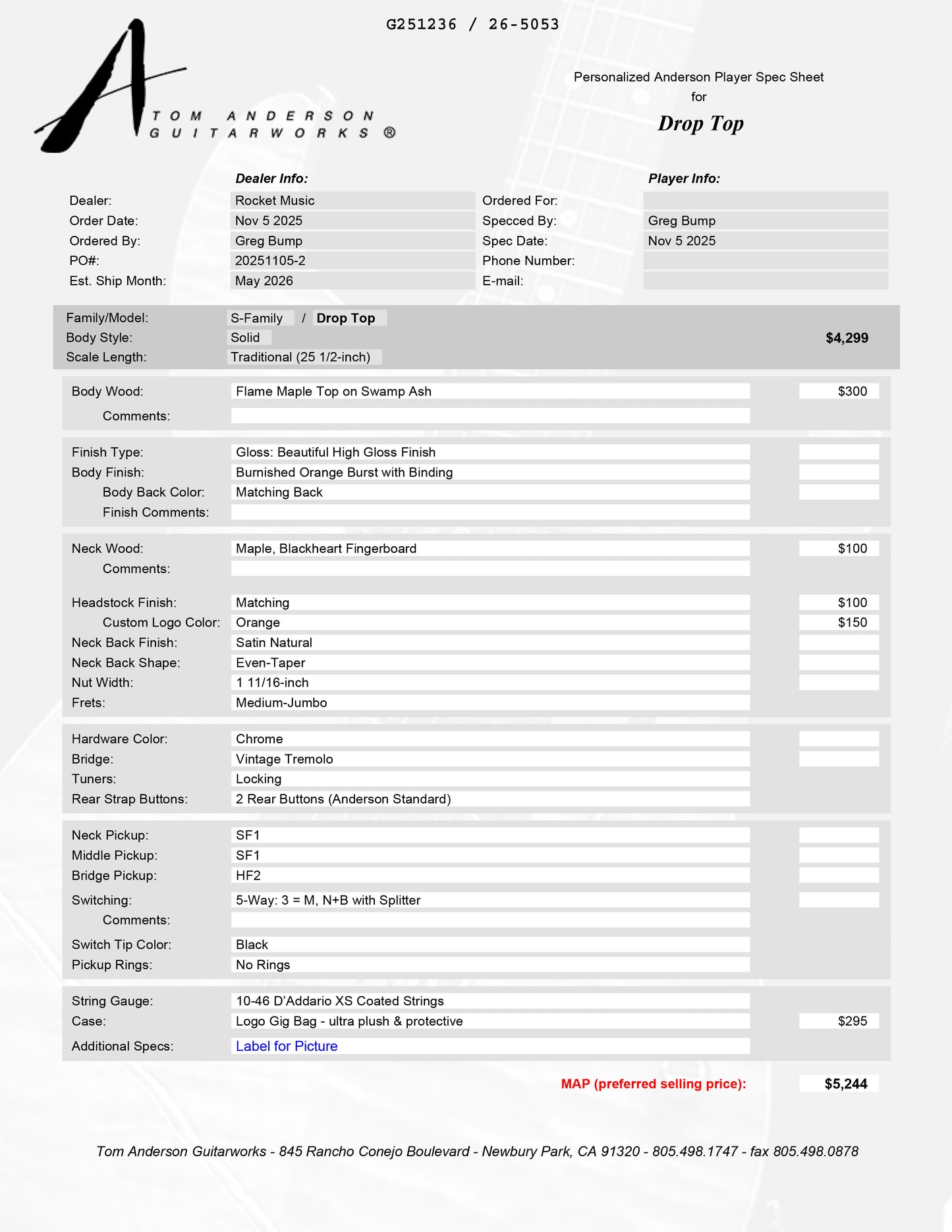 Anderson Drop Top Burnished Orange Burst