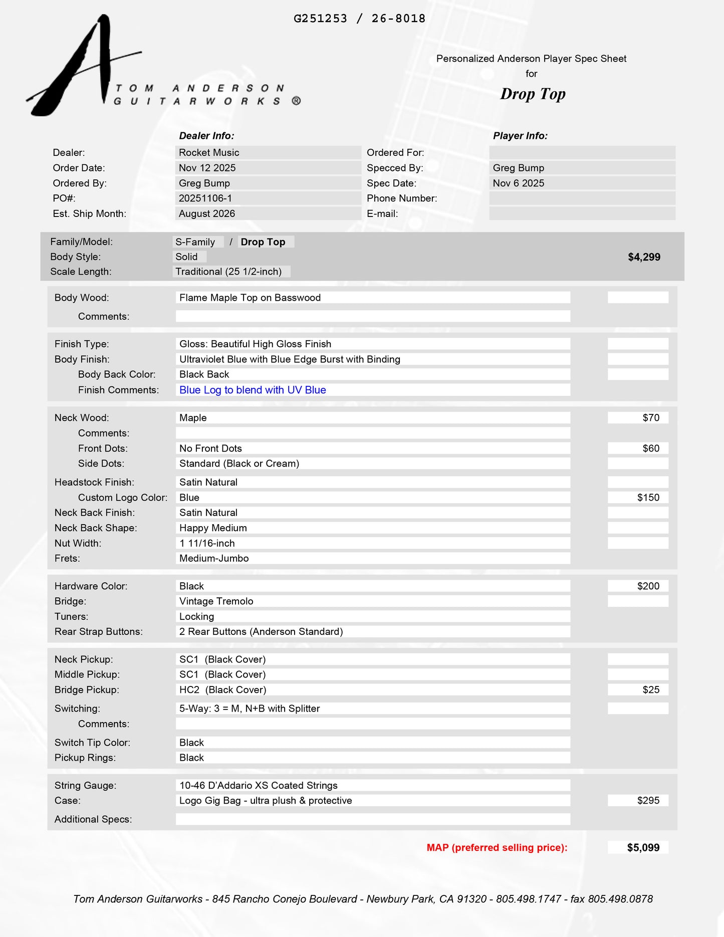 Anderson Drop Top Ultraviolet Blue with Blue Edge Burst