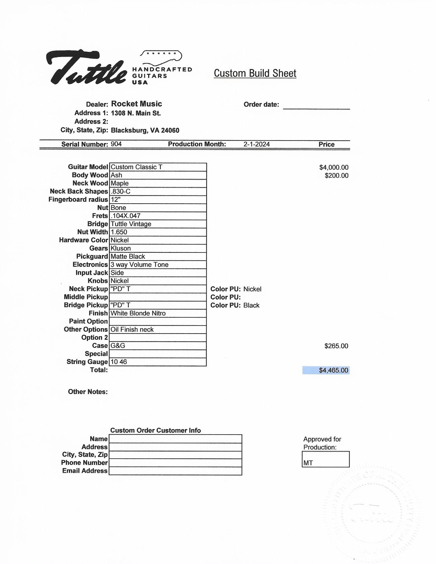 Tuttle Custom Classic T White Blonde / Maple