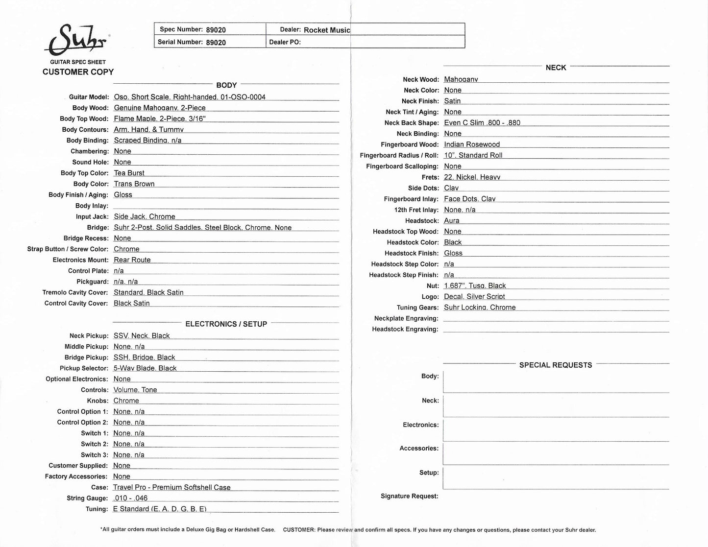 Suhr Oso Guitar, Tea Burst