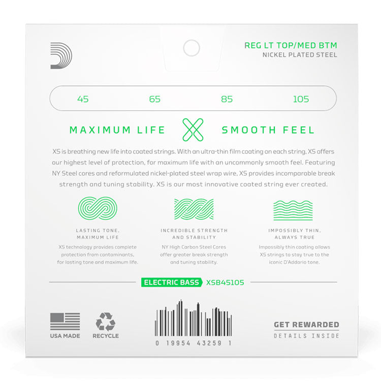 D'Addario XSB45105 Regular Light Top/Medium Bottom, Long Scale, 45-105, XS Nickel Bass Strings