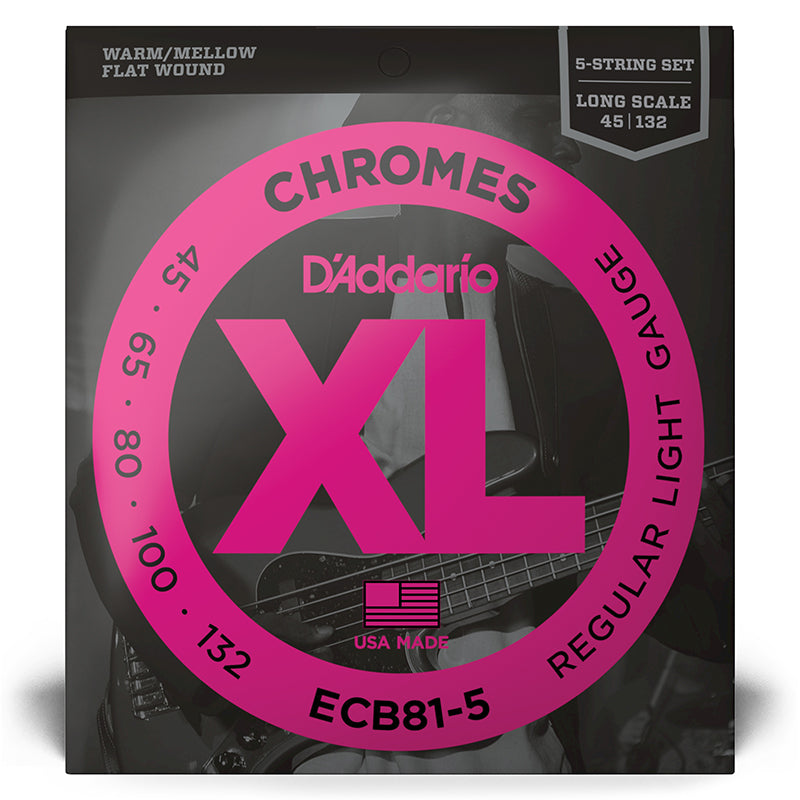 D'Addario ECB81-5 Chromes 5-String Bass Guitar Strings, Light, 45-132, Long Scale