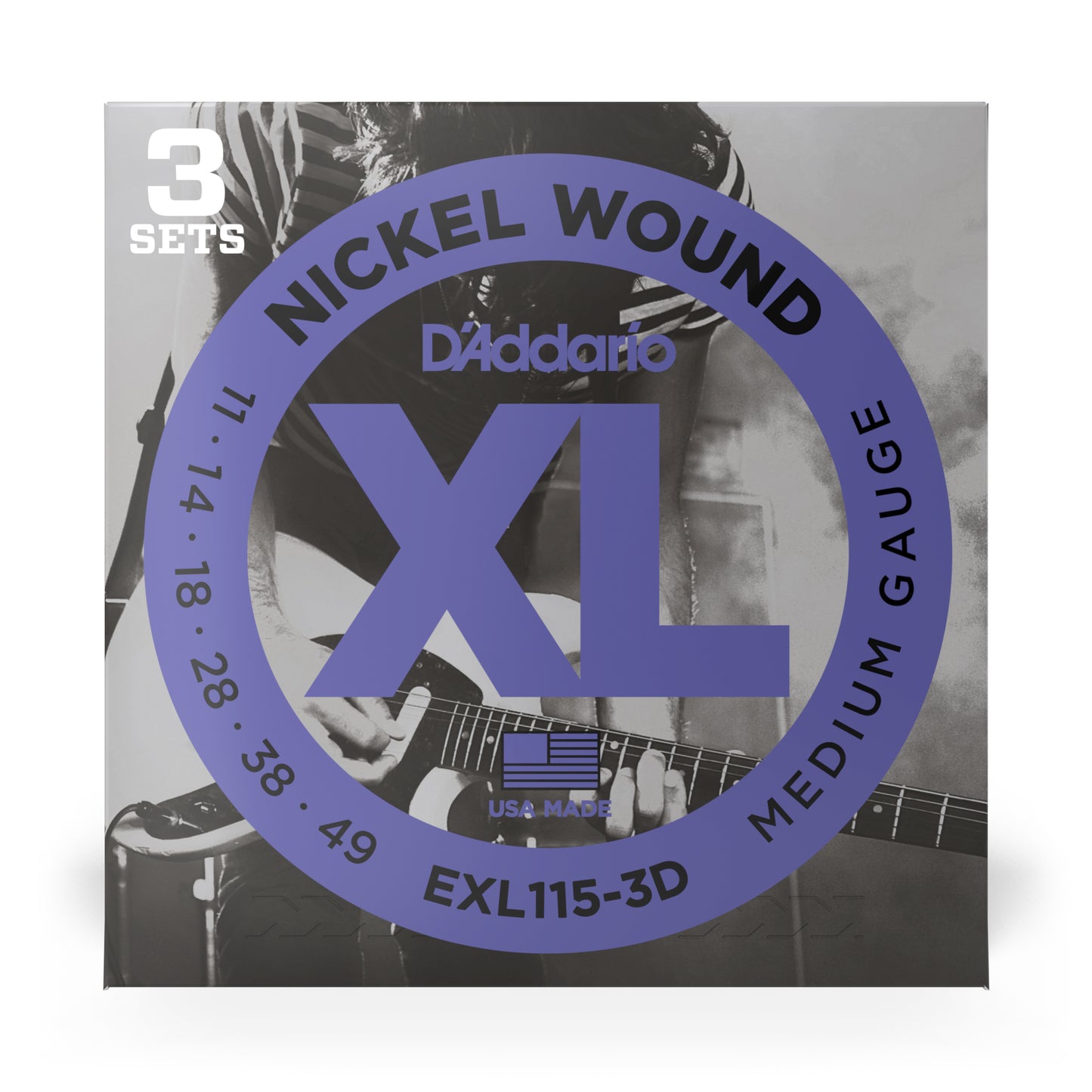 D'Addario EXL115-3D Nickel Wound Electric Guitar Strings, 3 Sets, Medium/Blues-Jazz Rock, 11-49, 3 Sets