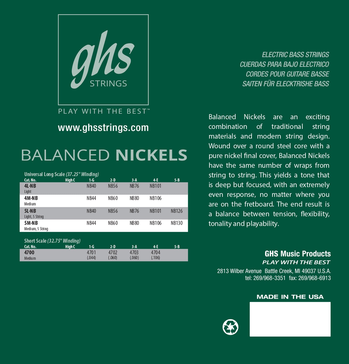 GHS Balanced Nickels, 4-String 44-106, Short Scale, 4700