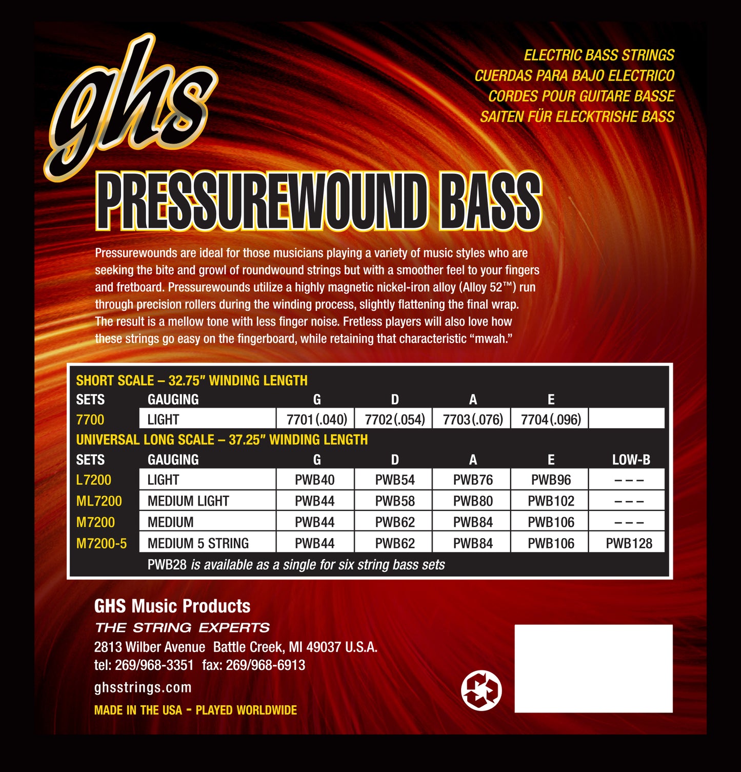 GHS Pressurewound 7700, 4-String 40-96, Short Scale