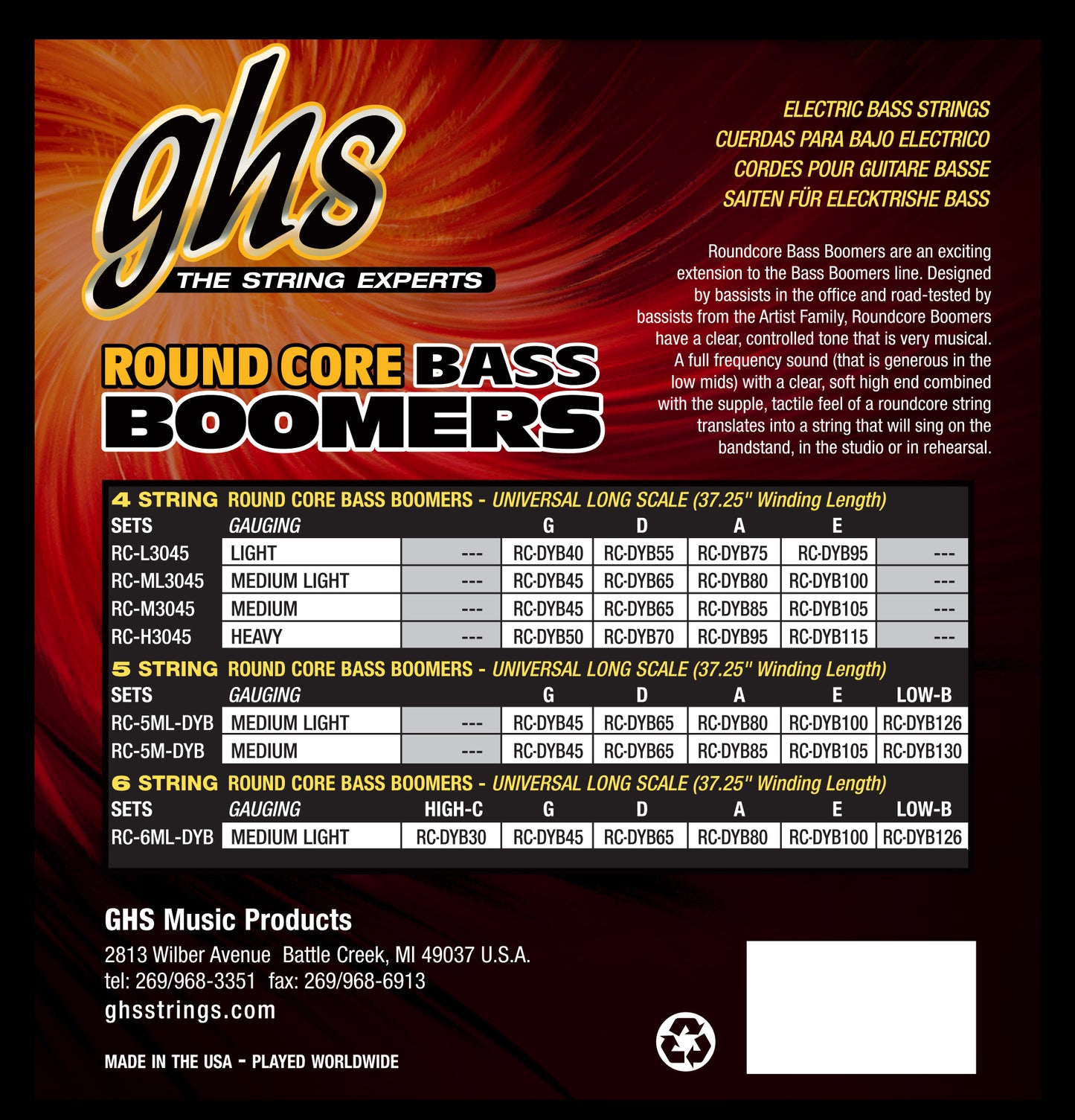 GHS Roundcore Bass Boomers, 4-String 45-100, RC-ML3045
